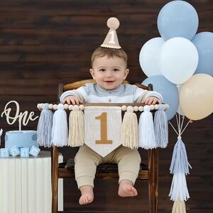 First Birthday High Chair Banner & Hat Set - Blue, Cream, Tan (twin set)